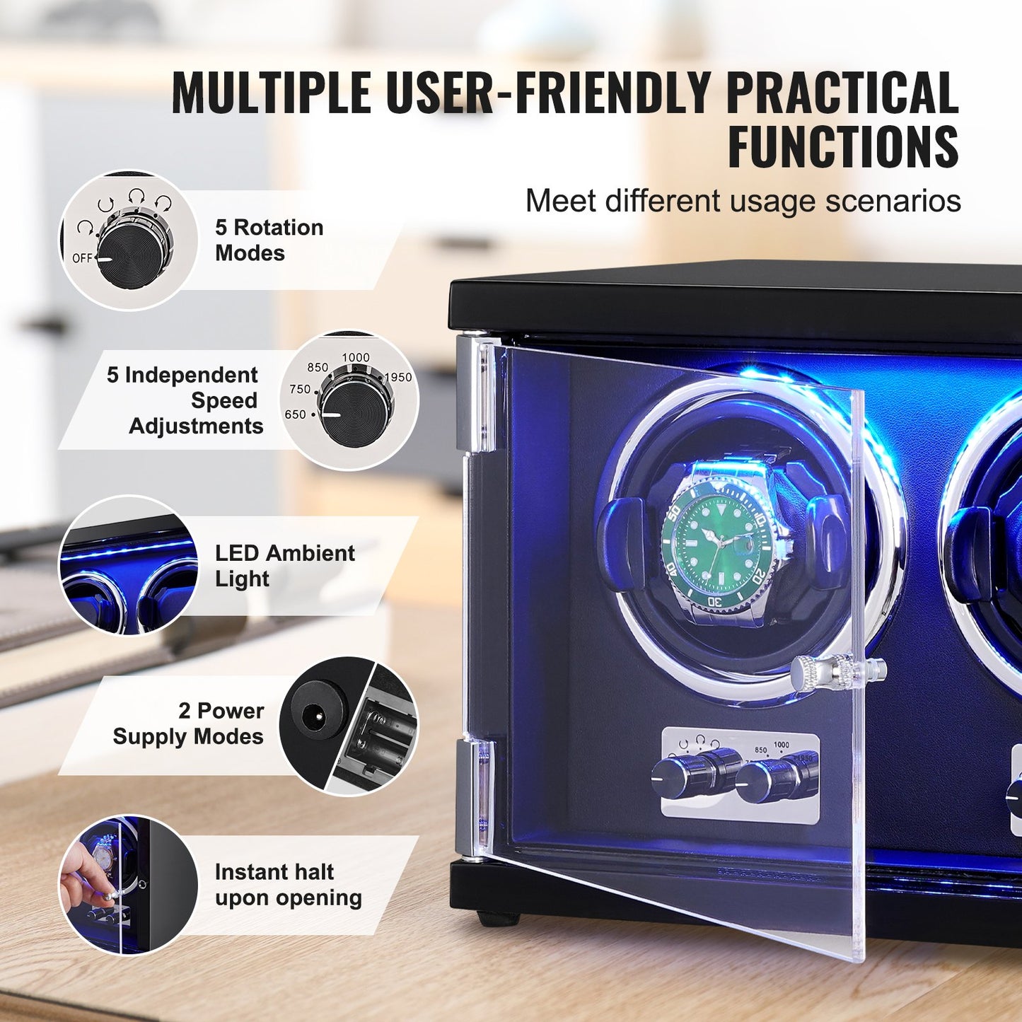 Klockuppdragare, dubbel klockuppdragare för automatiska klockor för både män och kvinnor, med två supertysta japanska Mabuchi-motorer, blått LED-ljus och adapter, högdensitetskortsskal och svart PU