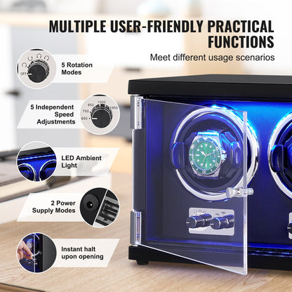 Klockuppdragare, dubbel klockuppdragare för automatiska klockor för både män och kvinnor, med två supertysta japanska Mabuchi-motorer, blått LED-ljus och adapter, högdensitetskortsskal och svart PU