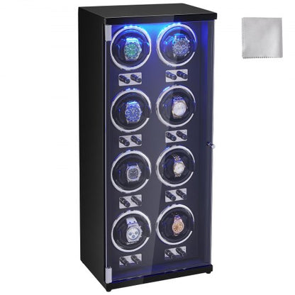 Watch Winder, Watch Winder for 8 Men's and Women's Automatic Watches, with 8 Super Quiet Japanese Mabuchi Motors, Blue LED Light and Adapter, High-Density Board Shell and Black PU