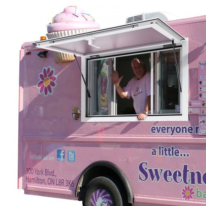 Koncessionsfönster för matvagn, 36"x24" servicefönster i aluminiumlegering, upp till 85 graders serveringfönster med 2 skjutbara fönster och markisdörr och dragkrok, för matvagnskoncessionsvagn