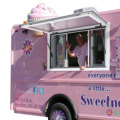 Koncessionsfönster för matvagn, 36"x24" servicefönster i aluminiumlegering, upp till 85 graders serveringfönster med 2 skjutbara fönster och markisdörr och dragkrok, för matvagnskoncessionsvagn