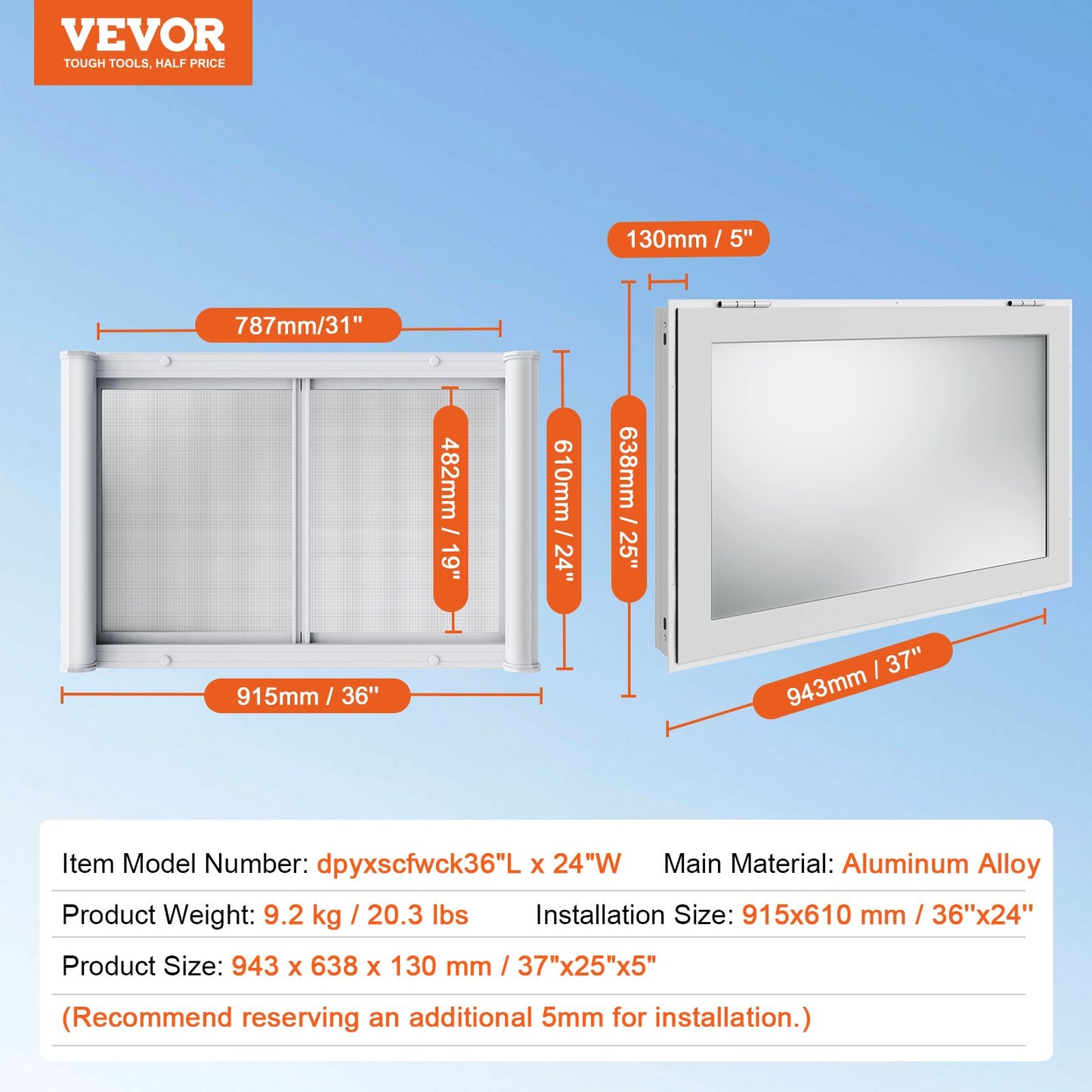 Koncessionsfönster för matvagn, 36"x24" servicefönster i aluminiumlegering, upp till 85 graders serveringfönster med 2 skjutbara fönster och markisdörr och dragkrok, för matvagnskoncessionsvagn
