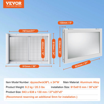 Koncessionsfönster för matvagn, 36"x24" servicefönster i aluminiumlegering, upp till 85 graders serveringfönster med 2 skjutbara fönster och markisdörr och dragkrok, för matvagnskoncessionsvagn