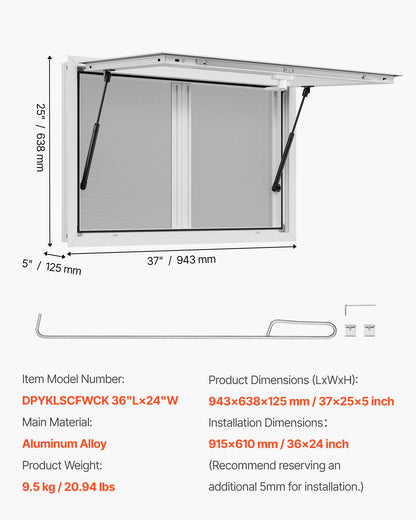 Koncessionsfönster 92x61 cm, servicefönster i aluminiumlegering för food truck, upp till 85 graders stående serveringfönster med 2 skjutbara fönster, markisdörr och dragkrok, för koncessionsvagnar