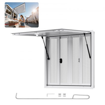 Concession Window 92x92 cm, Aluminum Alloy Service Window for Food Truck, Up to 85 Degrees Stand Serving Window with 4 Sliding Windows, Awning Door, and Drag Hook, for Concession Trailers