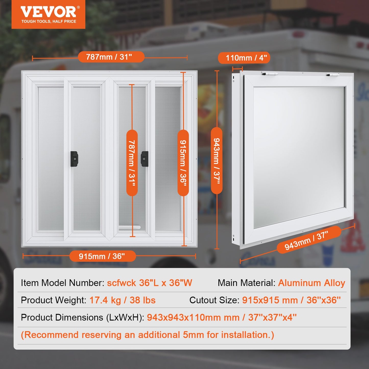 Koncessionsfönster 36"x36", servicefönster i aluminiumlegering för matvagnar med 4 horisontella skjutbara fönster och markisdörr och dragkrok, upp till 85 graders serveringfönster för matvagnskoncessionsvagnar
