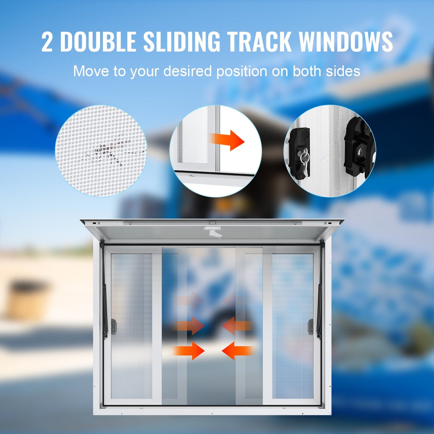 Koncessionsfönster för matvagn, 48"x36" servicefönster i aluminiumlegering, upp till 85 graders serveringfönster med 4 skjutbara fönster och markisdörr och dragkrok, för matvagnskoncessionsvagn