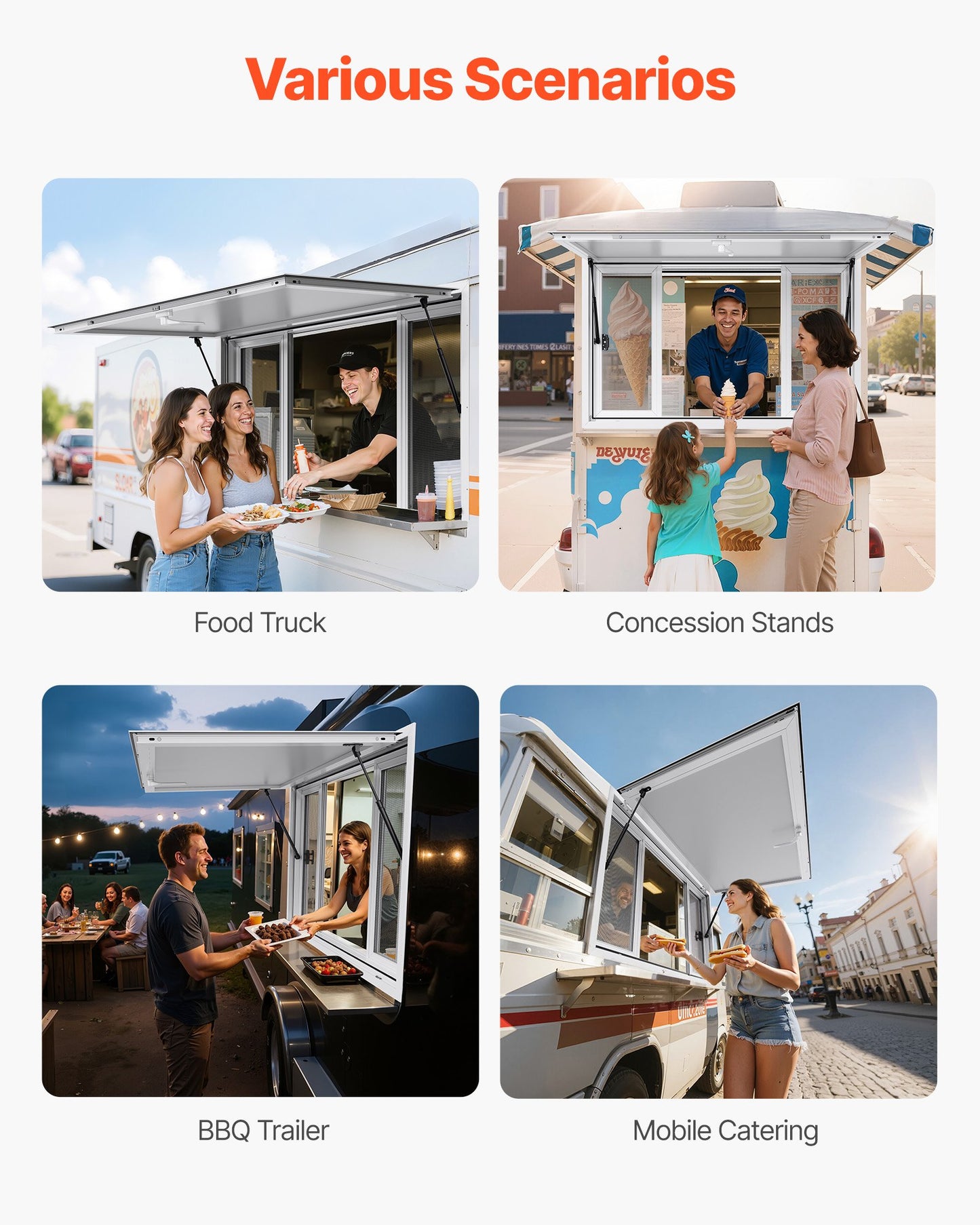 Koncessionsfönster 135x84 cm, servicefönster i aluminiumlegering för food truck, upp till 85 graders stående serveringfönster med 4 skjutbara fönster, markisdörr och dragkrok, för koncessionsvagnar