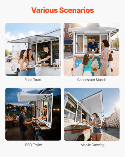 Koncessionsfönster 135x84 cm, servicefönster i aluminiumlegering för food truck, upp till 85 graders stående serveringfönster med 4 skjutbara fönster, markisdörr och dragkrok, för koncessionsvagnar