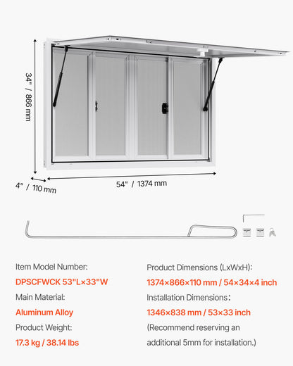 Koncessionsfönster 135x84 cm, servicefönster i aluminiumlegering för food truck, upp till 85 graders stående serveringfönster med 4 skjutbara fönster, markisdörr och dragkrok, för koncessionsvagnar