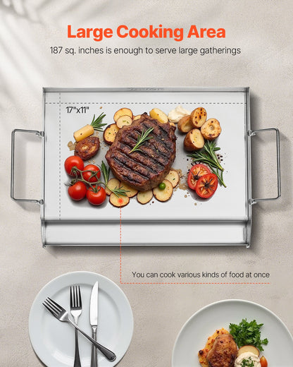 Stainless Steel Griddle, 17x13 inch Universal Flat Top Rectangular Plate, Gas Grill Griddle for BBQ Grill, Teppanyaki, Portable Family Cookware with Handle, for Camping Tailgating Party
