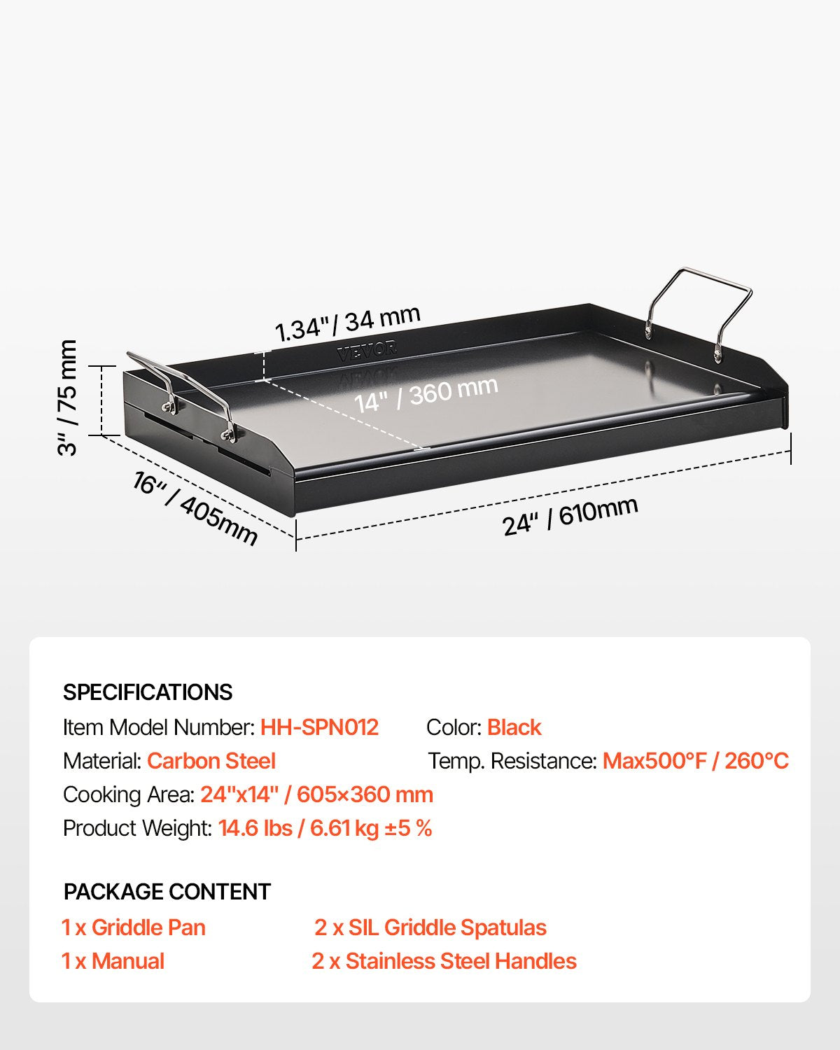 Stekplåt i kolstål, 24x16 tum universal platt rektangulär platta, gasgrillstekplåt för BBQ-grill, teppanyaki, bärbart familjeköksredskap med handtag, för camping, tailgating-fest