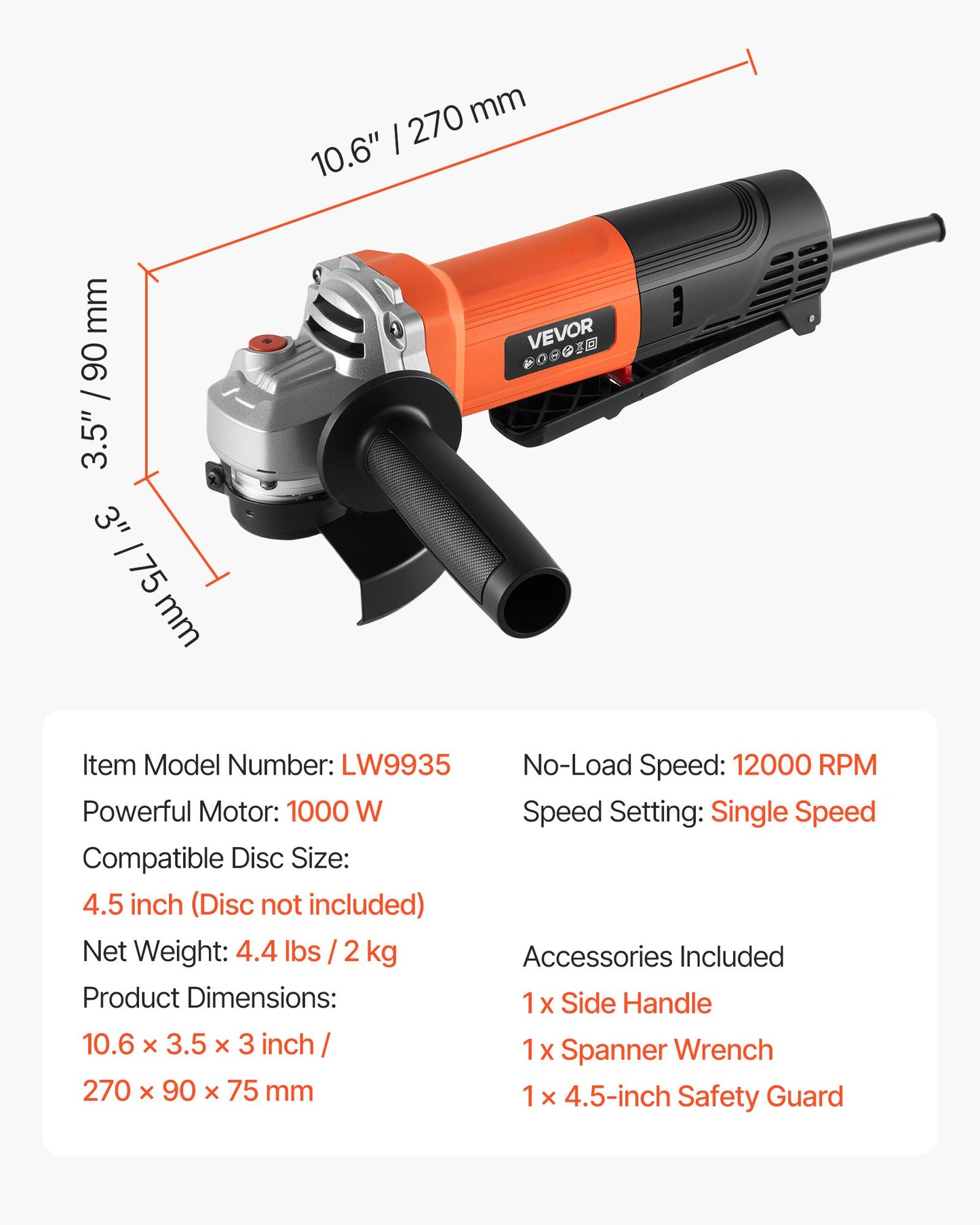 Angle Grinder, 114.3mm Electric Grinder Power Tool, 4.5Amps 12000RPM High-Speed Corded Angle Grinders with Adjustable Dust Guard for Metal Grinding, Cutting, Rust Removal (Disc Not Included)