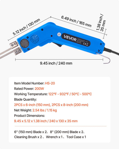 Skumskärare med het kniv, 200W elektriskt skumskärverktyg, 50℃ - 500℃ justerbar frigolitskärare med 150 mm och 200 mm skärblad för KT-skivor, polyeten, svamp, gummi - Verktygslåda ingår