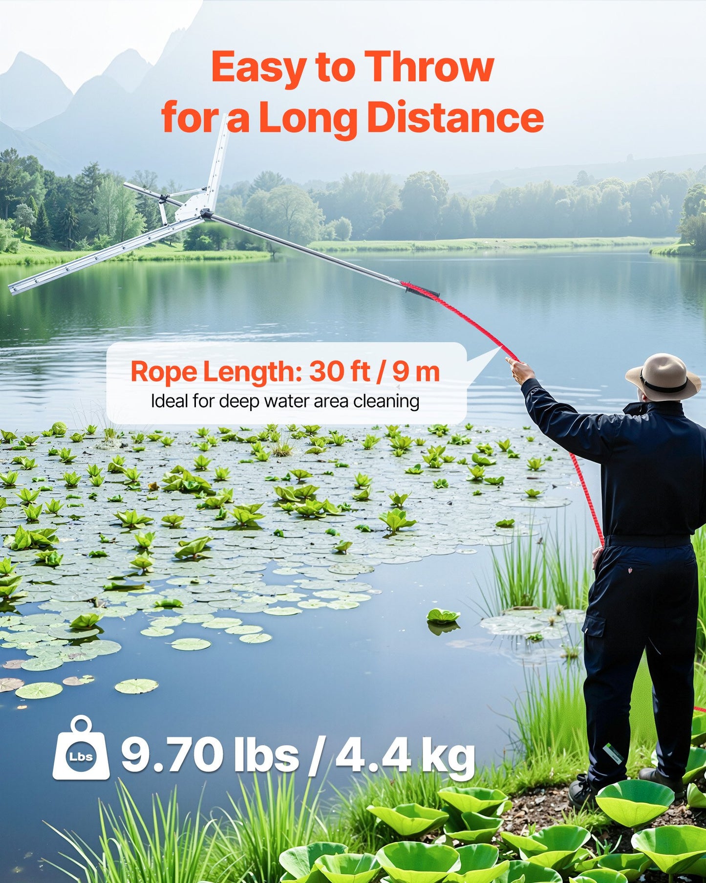 Lake Weed Cutter, Pond Aquatic Plant Cutting Tool with 1.57 m Max. Cut Width, Sharp and Heavy-Duty Steel Blades, Pond Rake with 9 m Throw Rope, for Cattail, Phragmites, Lilly Pads and Chara