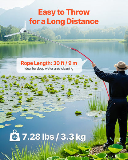 Lake Weed Cutter, Pond Aquatic Plant Cutting Tool with 0.94 m Max. Cut Width, Sharp and Heavy-Duty Steel Blades, Pond Rake with 9 m Throw Rope, for Cattail, Phragmites, Lilly Pads and Chara