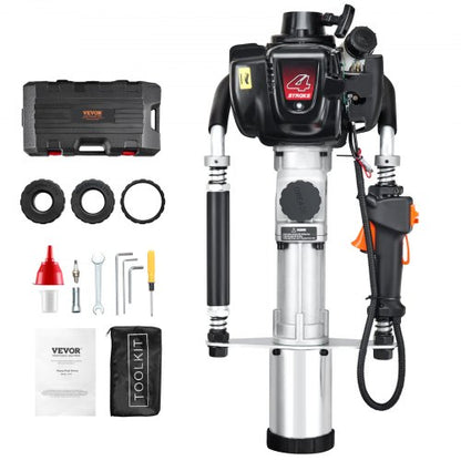 37,77cc bensindriven T-stolpsdrivare, 4-taktsmotor bensindriven stängselpålningsmaskin, med 3-stolps drivhuvud (45/55/88 mm), 1000W bärbar påldrivare för gård, ranchstängsel, vägförbättringar