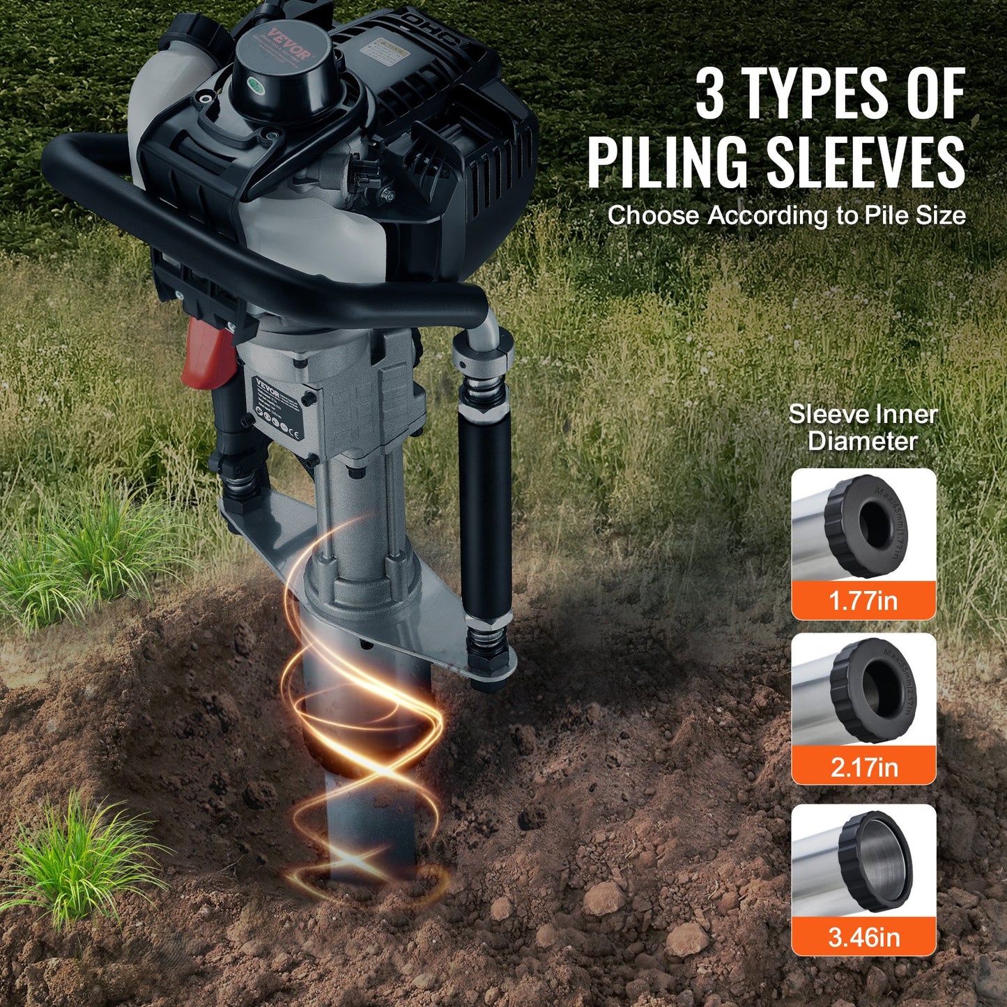 37,77cc bensindriven T-stolpsdrivare, 4-taktsmotor bensindriven stängselpålningsmaskin, med 3-stolps drivhuvud (45/55/88 mm), 1000W bärbar påldrivare för gård, ranchstängsel, vägförbättringar