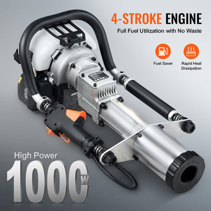 37,77cc bensindriven T-stolpsdrivare, 4-taktsmotor bensindriven stängselpålningsmaskin, med 3-stolps drivhuvud (45/55/88 mm), 1000W bärbar påldrivare för gård, ranchstängsel, vägförbättringar