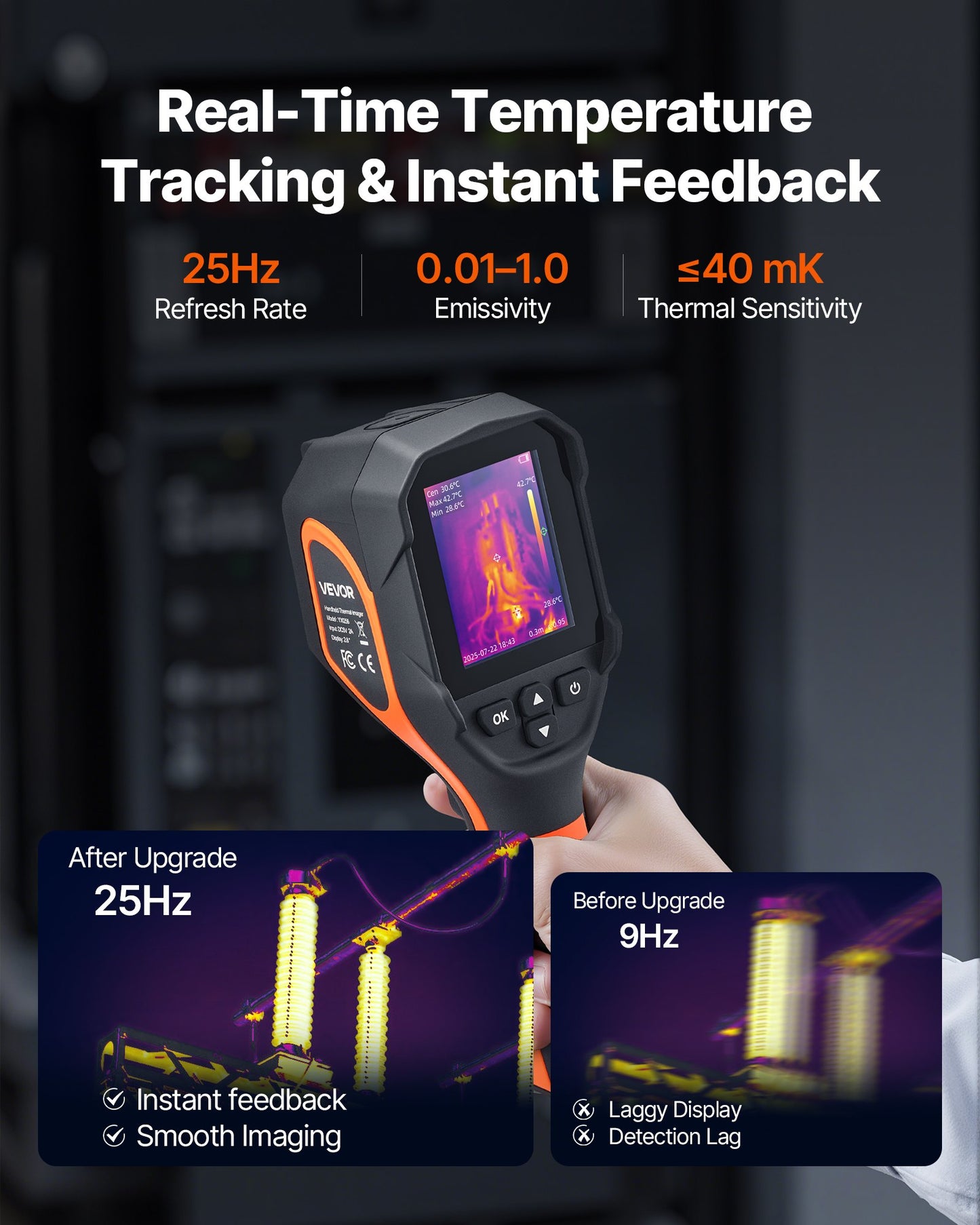 Värmekamera, 320 x 240 TISR superupplösning, värmekamera med 2MP visuell kamera, 256 x 192 IR-upplösning, 25 HZ uppdateringsfrekvens, -4°F till 1022°F, 4 bildlägen och 6 färgpaletter