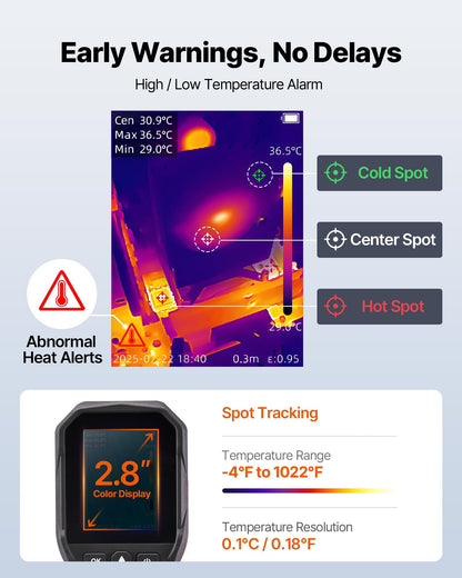Värmekamera, 320 x 240 TISR superupplösning, värmekamera med 2MP visuell kamera, 256 x 192 IR-upplösning, 25 HZ uppdateringsfrekvens, -4°F till 1022°F, 4 bildlägen och 6 färgpaletter