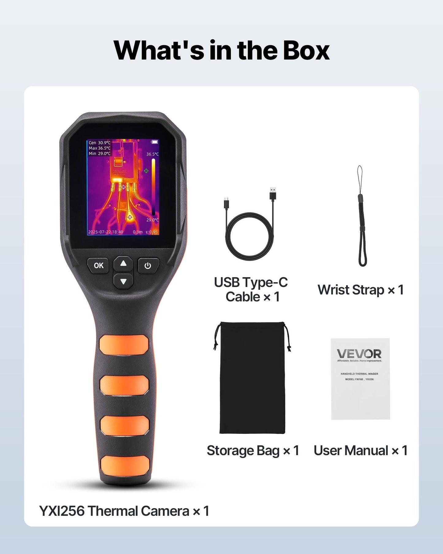 Värmekamera, 320 x 240 TISR superupplösning, värmekamera med 2MP visuell kamera, 256 x 192 IR-upplösning, 25 HZ uppdateringsfrekvens, -4°F till 1022°F, 4 bildlägen och 6 färgpaletter