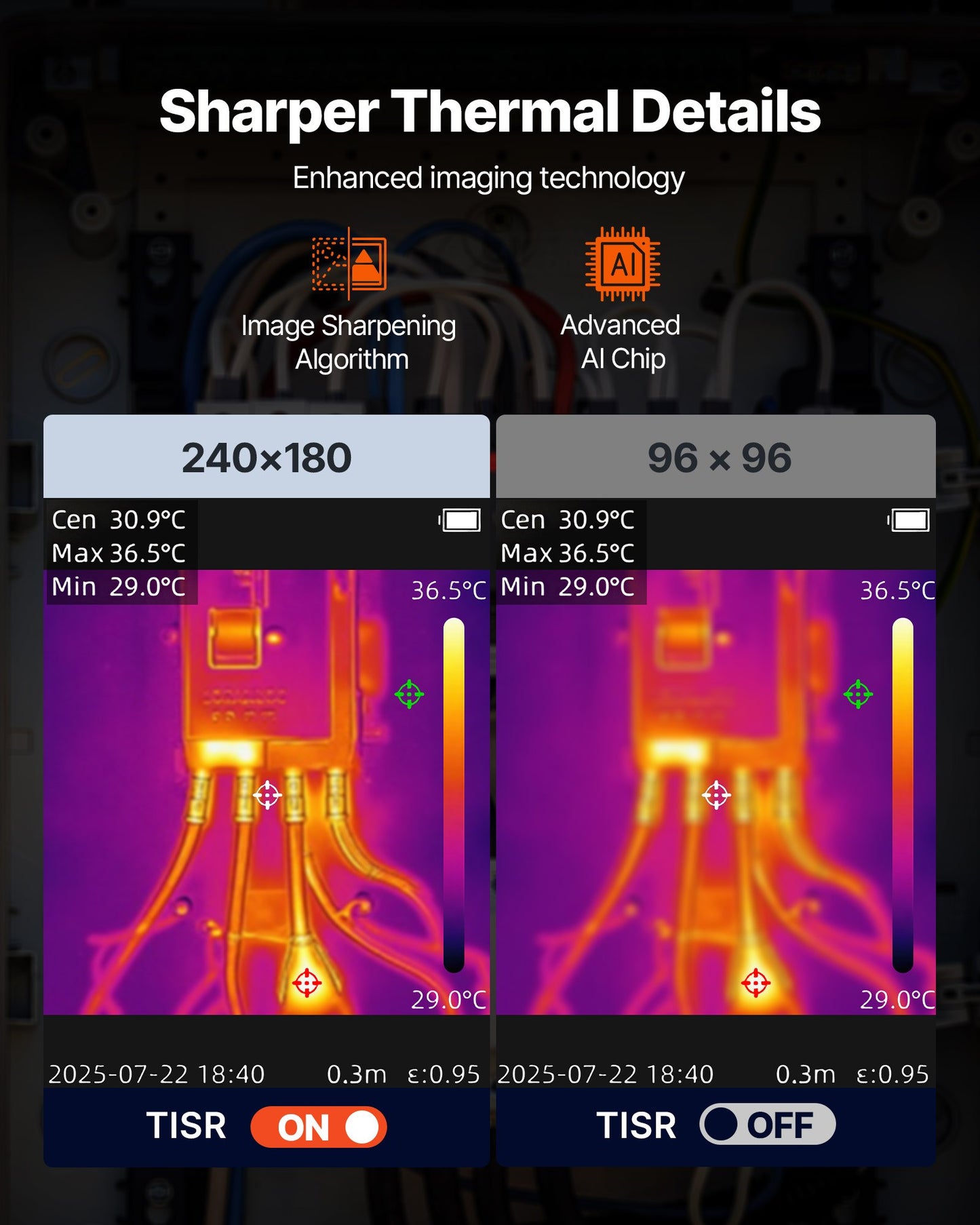 Värmekamera, TISR Super Resolution 240x180, värmekamera med 2MP visuell kamera, 96x96 IR-upplösning, 25 Hz uppdateringsfrekvens, -4°F till 1022°F, 4 bildlägen och 6 färgpaletter