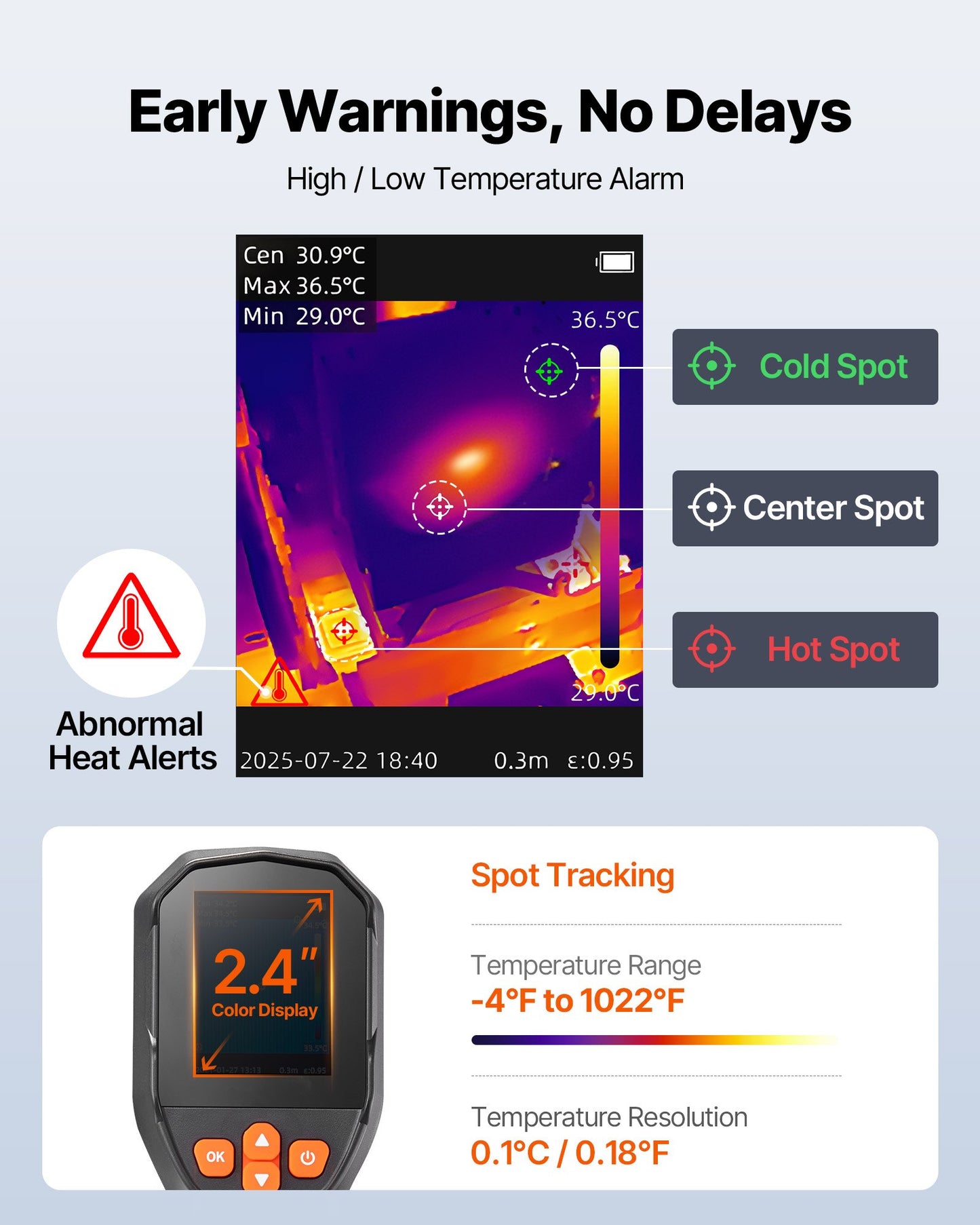 Värmekamera, TISR Super Resolution 240x180, värmekamera med 2MP visuell kamera, 96x96 IR-upplösning, 25 Hz uppdateringsfrekvens, -4°F till 1022°F, 4 bildlägen och 6 färgpaletter