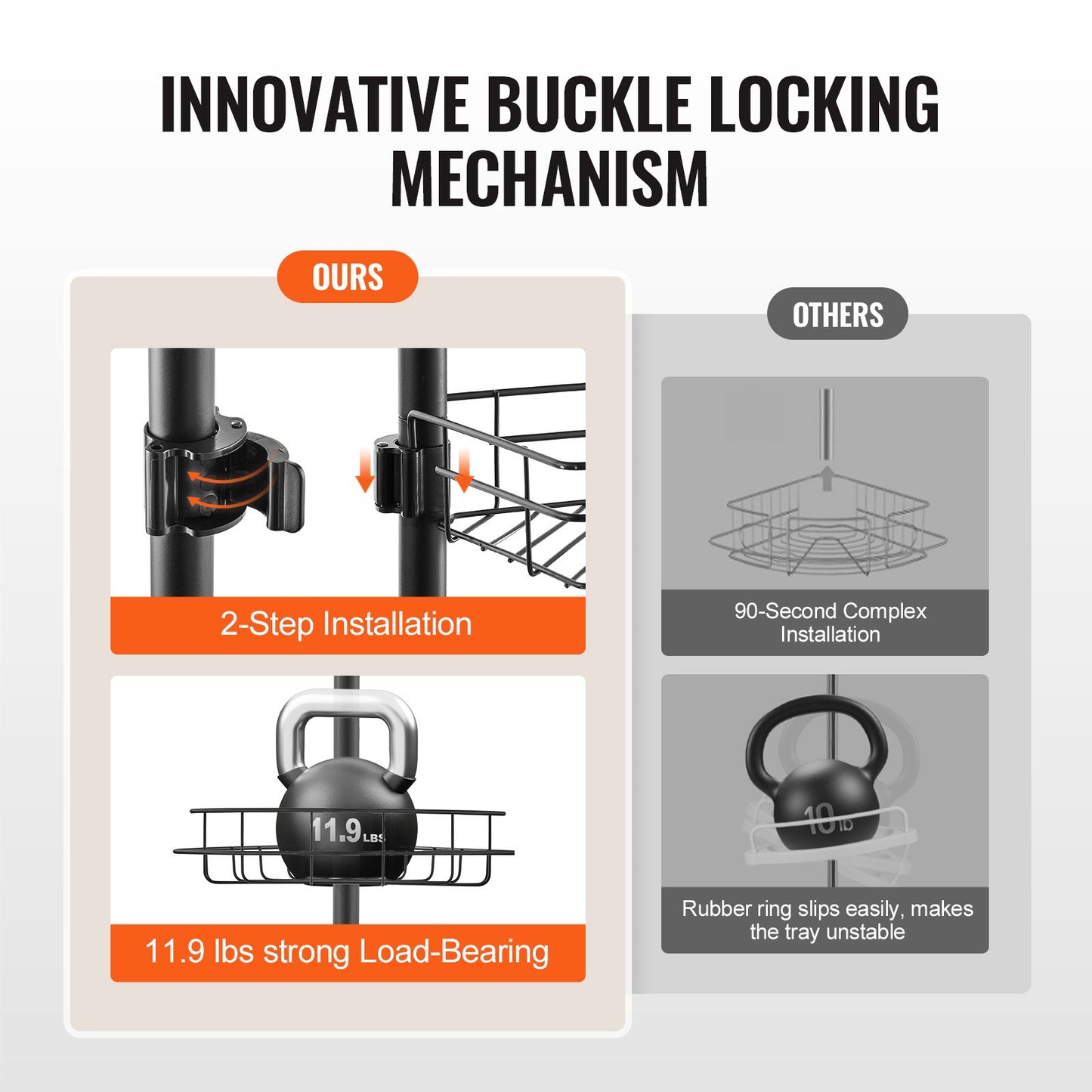 Duschhörnstång, 102 cm till 280 cm hög, multifunktionell duschstång med starkt lastbärande bricka, rostfri, lättmonterad stång, lämplig för badrum och toaletter