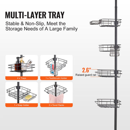 Duschhörnstång, 102 cm till 280 cm hög, multifunktionell duschstång med starkt lastbärande bricka, rostfri, lättmonterad stång, lämplig för badrum och toaletter