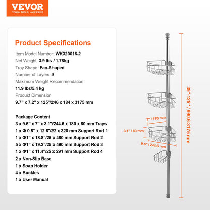 Duschhörnstång, 94 cm till 300 cm hög, multifunktionell duschstång med starkt lastbärande bricka, rostfri, lättinstallerad stång, lämplig för badrum och toaletter