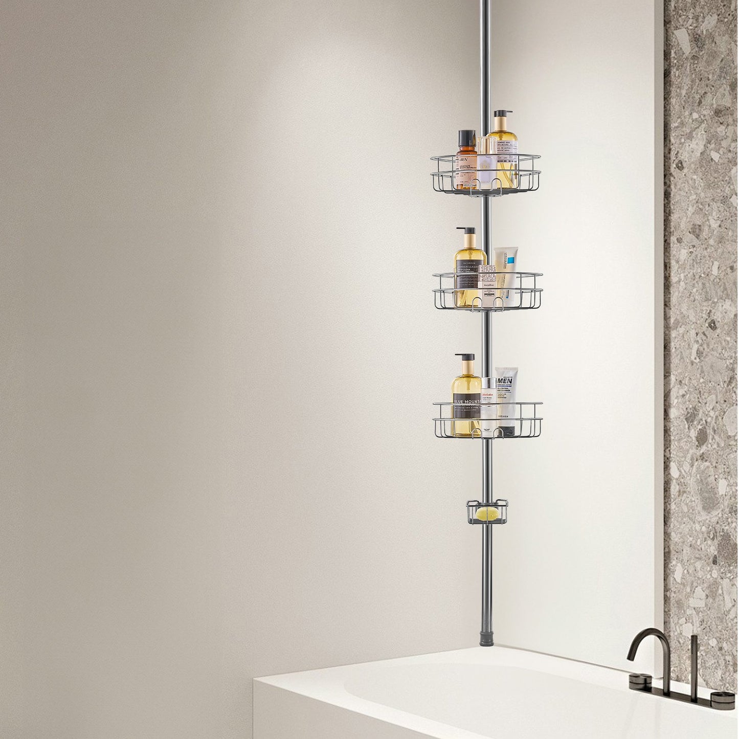 Duschhörnstång, 94 cm till 300 cm hög, multifunktionell duschstång med starkt lastbärande bricka, rostfri, lättinstallerad stång, lämplig för badrum och toaletter