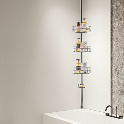 Duschhörnstång, 94 cm till 300 cm hög, multifunktionell duschstång med starkt lastbärande bricka, rostfri, lättinstallerad stång, lämplig för badrum och toaletter