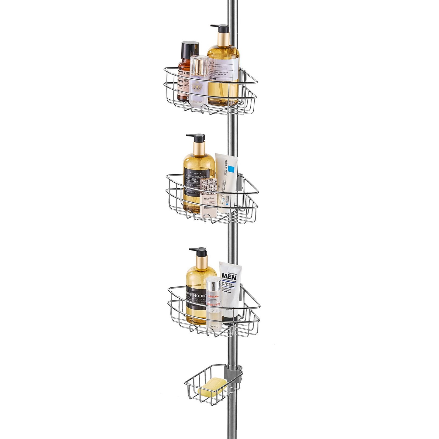Duschhörnstång, 94 cm till 300 cm hög, multifunktionell duschstång med starkt lastbärande bricka, rostfri, lättinstallerad stång, lämplig för badrum och toaletter