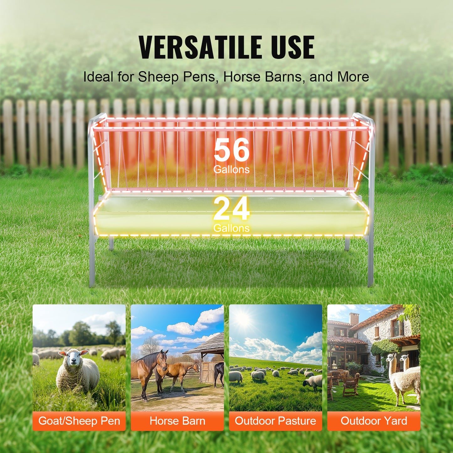 Livestock Hay Feeder, 2 in 1 Grain & Hay Feeder, 80-Gallon Capacity Pasture Feeder, 59" Long Goat Hay Feeder with Deeper Feeding Pan, Heavy Duty Steel Grain & Hay Holder for Sheep Farms Sheds