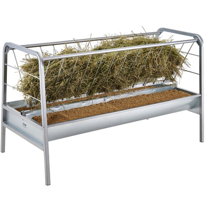 Livestock Hay Feeder, 2 in 1 Grain & Hay Feeder, 80-Gallon Capacity Pasture Feeder, 59" Long Goat Hay Feeder with Deeper Feeding Pan, Heavy Duty Steel Grain & Hay Holder for Sheep Farms Sheds