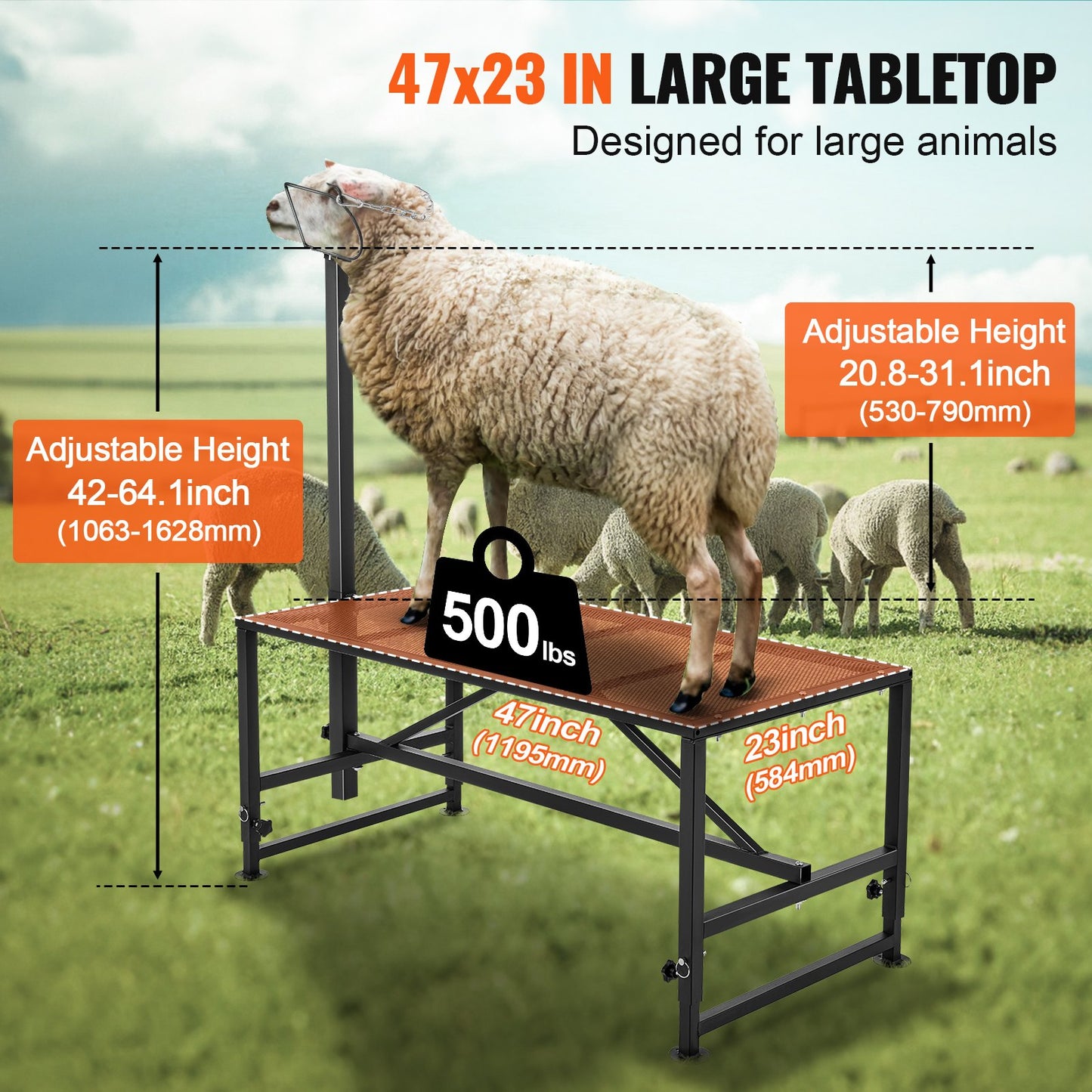 Goat & Sheep Stand, 47x23 inch Livestock Stand, Metal Livestock Milking and Shearing Stand 21" to 33" Adjustable Height, with Headpiece and Nose Loop, 500lbs Loading Weight, Black