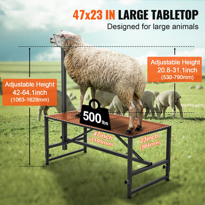 Goat & Sheep Stand, 47x23 inch Livestock Stand, Metal Livestock Milking and Shearing Stand 21" to 33" Adjustable Height, with Headpiece and Nose Loop, 500lbs Loading Weight, Black