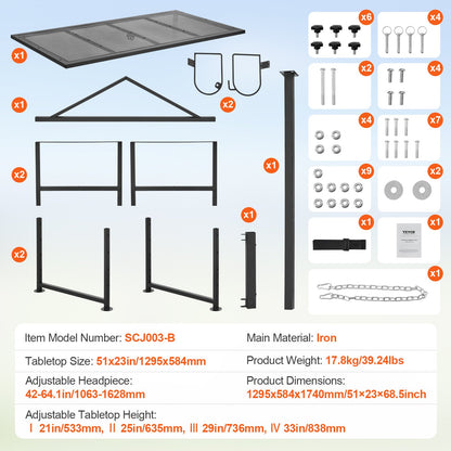 Get- och fårställ, 51x23 tum boskapsställ, metallställ för mjölkning och klippning av boskap, 21" till 33" justerbar höjd, med huvudstycke och nosögla, 500 kg lastvikt, svart