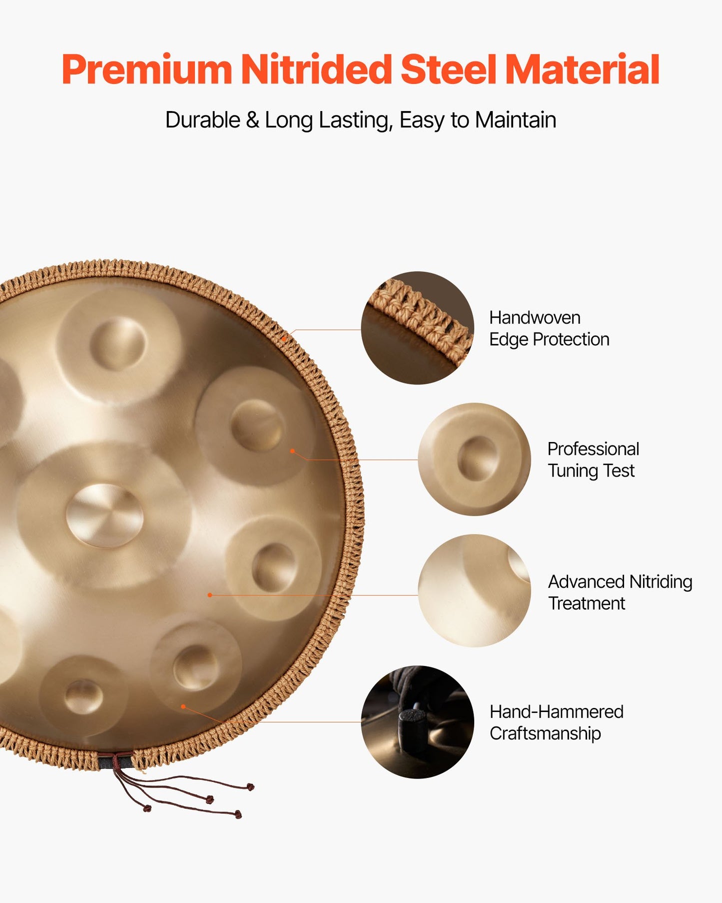 Handpan Drum, 56 cm 9 Notes Steel Hand Drum, 432Hz D Minor Musical Drums with Woven Edge Guard, 2 Mallets & Carrying Case, Fade-Resistant Percussion Instrument for Professional Performance