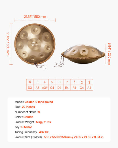 Handpan Drum, 56 cm 9 Notes Steel Hand Drum, 432Hz D Minor Musical Drums with Woven Edge Guard, 2 Mallets & Carrying Case, Fade-Resistant Percussion Instrument for Professional Performance