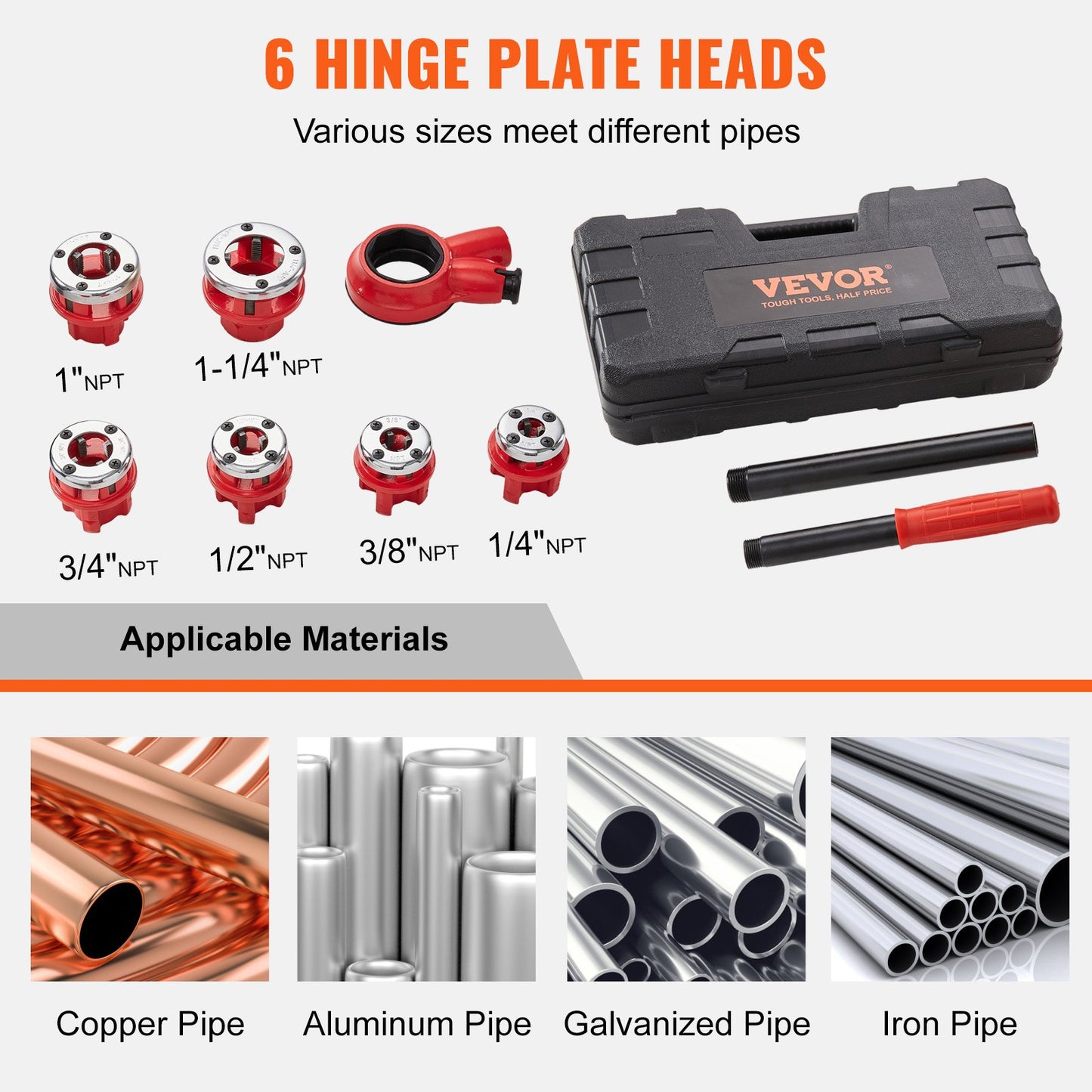 Spärrgängningssats för rör, 6,4 mm NPT - 32 mm NPT manuell spärrgängningssats för rör, bärbart rörgängningsverktygsset med 6 delar NPT-matriser, förvaringsfodral för galvaniserade aluminium-, järn- och kopparrör