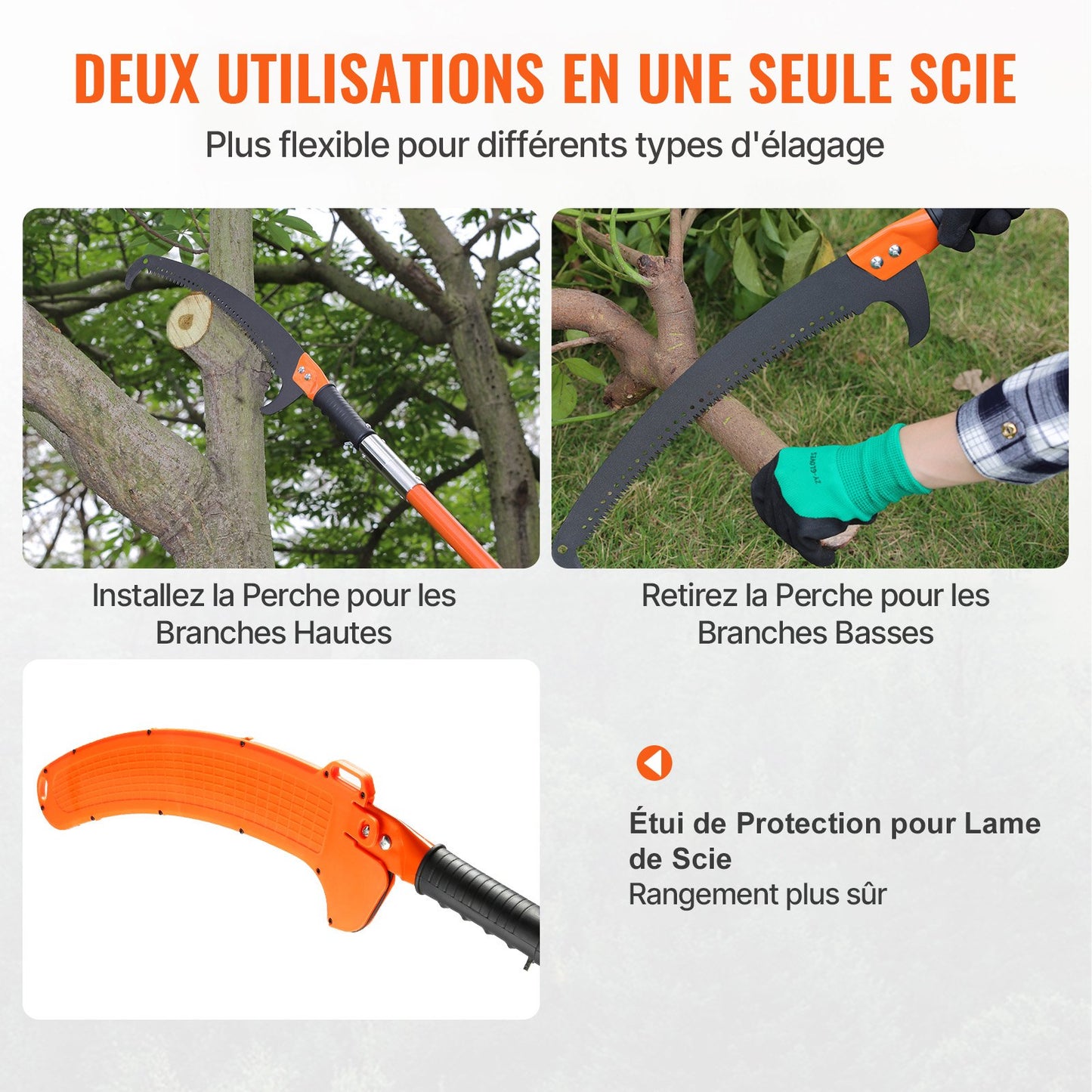 Manual Pole Saw, 2.2 - 8.2 m Extendable Tree Pruner, Sharp Steel Blade High Branches Trimming, Manual Branch Trimmer with Lightweight 2.4 m Fiberglass Handles, for Pruning Palms and Shrubs