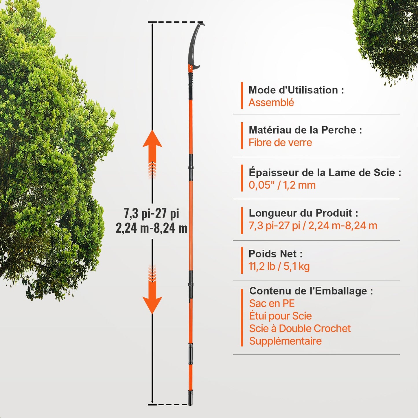 Manual Pole Saw, 2.2 - 8.2 m Extendable Tree Pruner, Sharp Steel Blade High Branches Trimming, Manual Branch Trimmer with Lightweight 2.4 m Fiberglass Handles, for Pruning Palms and Shrubs