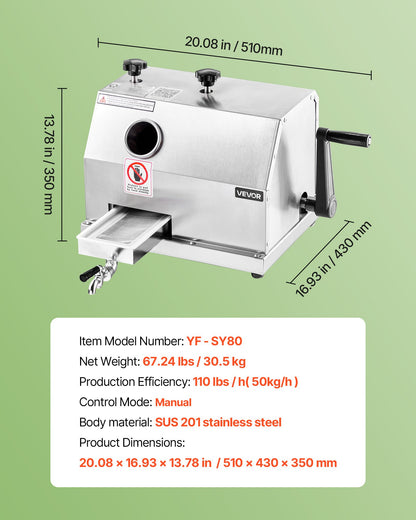 Commercial Sugar Cane Juicer Machine 50 kg/h Output 3 Rollers 62 mm Inlet