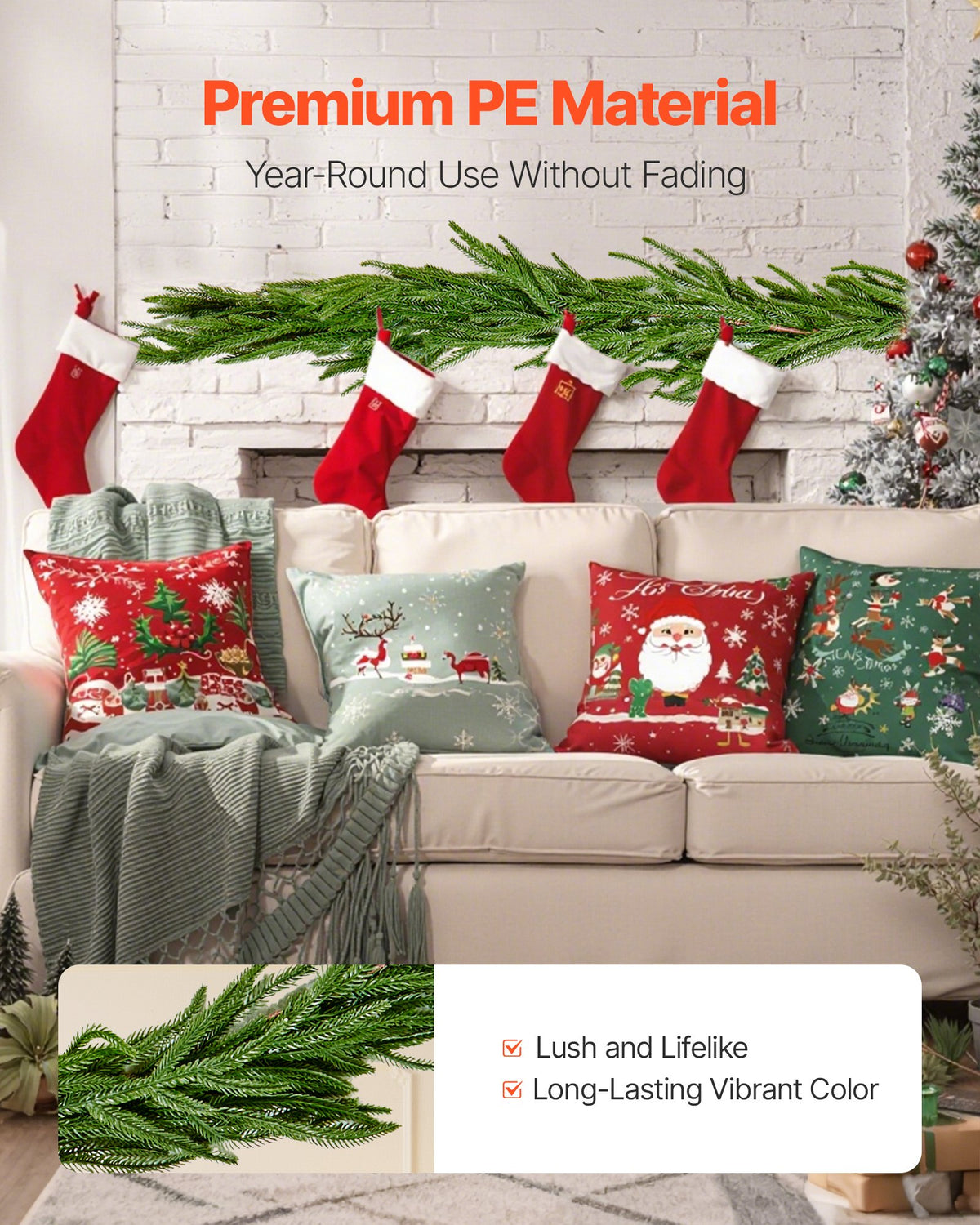 Christmas Garland, 2750 mm Realistic Norfolk Pine Garland, Evergreen Real Touch Artificial Faux Greenery Garlands, for Holiday Indoor Outdoor Xmas Decoration on Table, Mantel, and Fireplace