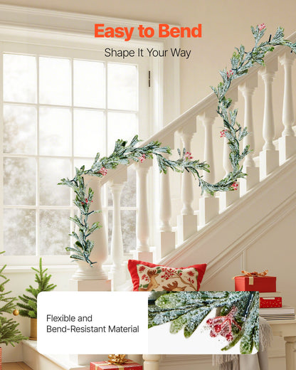 Christmas Garland, 2011 mm Realistic Greenery Decorated with Vines, Olive Leaves, and Berries, Evergreen Faux Garlands with Light String for Indoor Outdoor Xmas Decoration on Mantel Fireplace