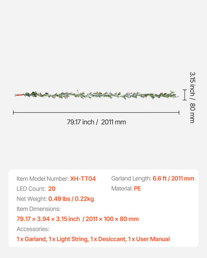 Christmas Garland, 2011 mm Realistic Greenery Decorated with Vines, Olive Leaves, and Berries, Evergreen Faux Garlands with Light String for Indoor Outdoor Xmas Decoration on Mantel Fireplace