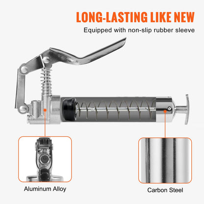 Fettspruta med pistolgrepp, 3500 PSI, 4 OZ / 120 CC kapacitet. Kraftig professionell fettspruta, med 11,65 tums flexibel slang, 2 svarta platta kopplingar, 1 förstärkt munstycke och 2 styva metallrör.