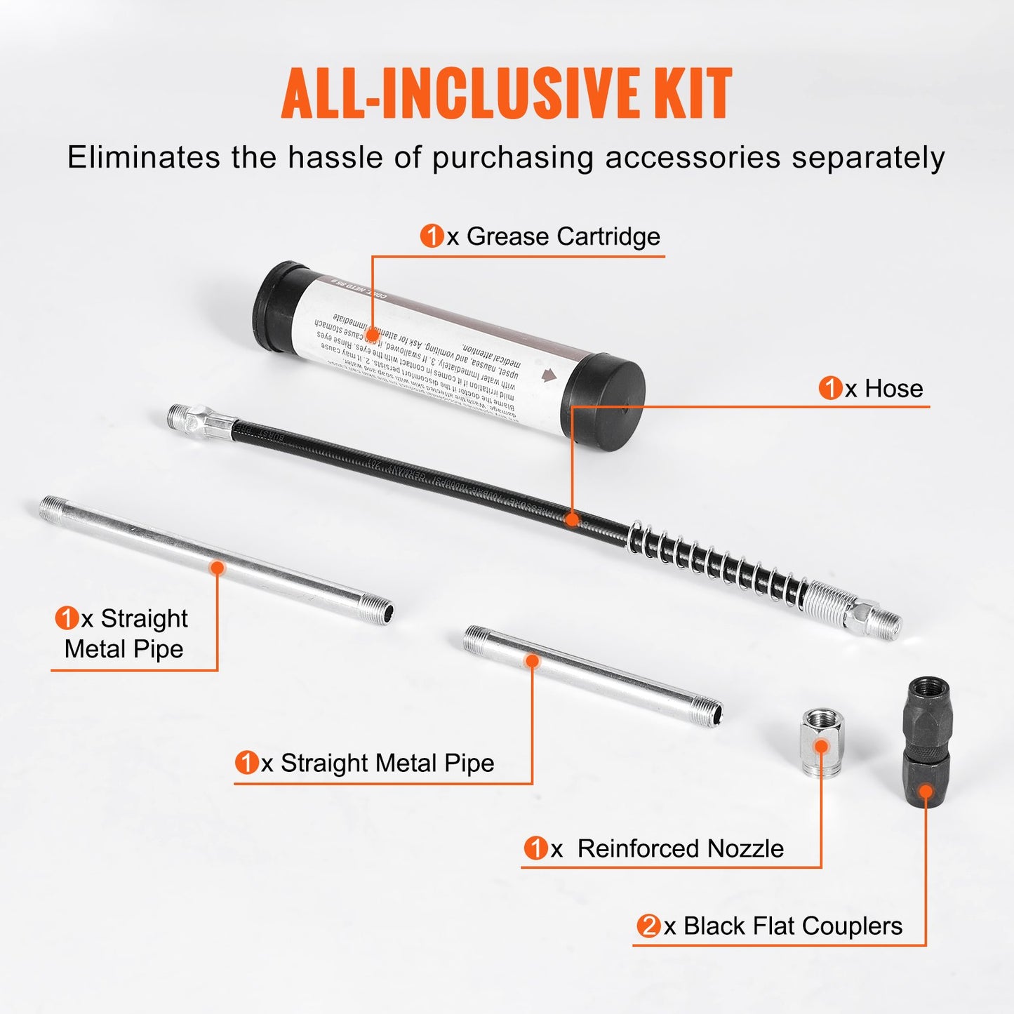 Fettspruta med pistolgrepp, 3500 PSI, 4 OZ / 120 CC kapacitet. Kraftig professionell fettspruta, med 11,65 tums flexibel slang, 2 svarta platta kopplingar, 1 förstärkt munstycke och 2 styva metallrör.